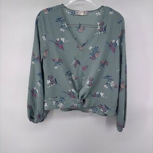Pink Republic‎ Floral Print Knot Front Blouse Long Sleeve Sage Green Women's